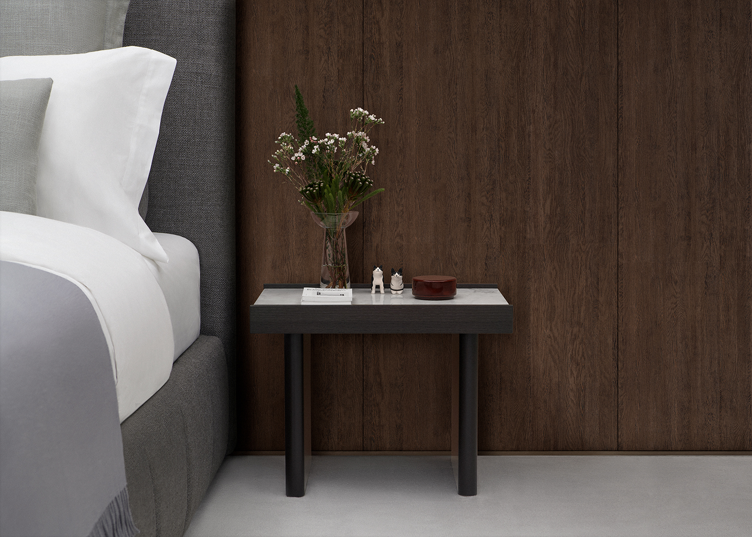 Mika bedside table and Pulse bed by Mario Ruiz for Joquer