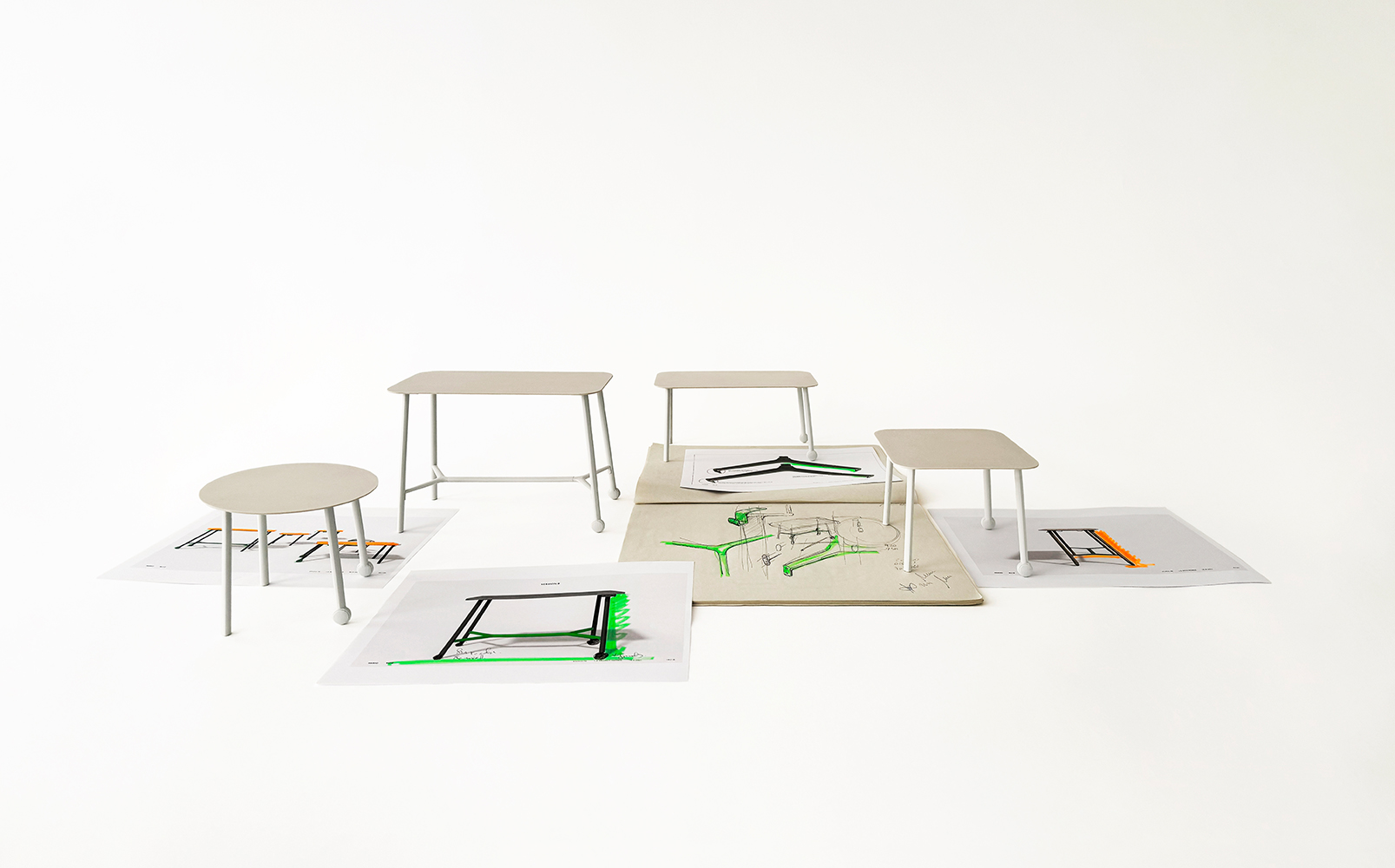 Models and sketches of the Bevy Mobile tables collection by Mario Ruiz for Studio TK.