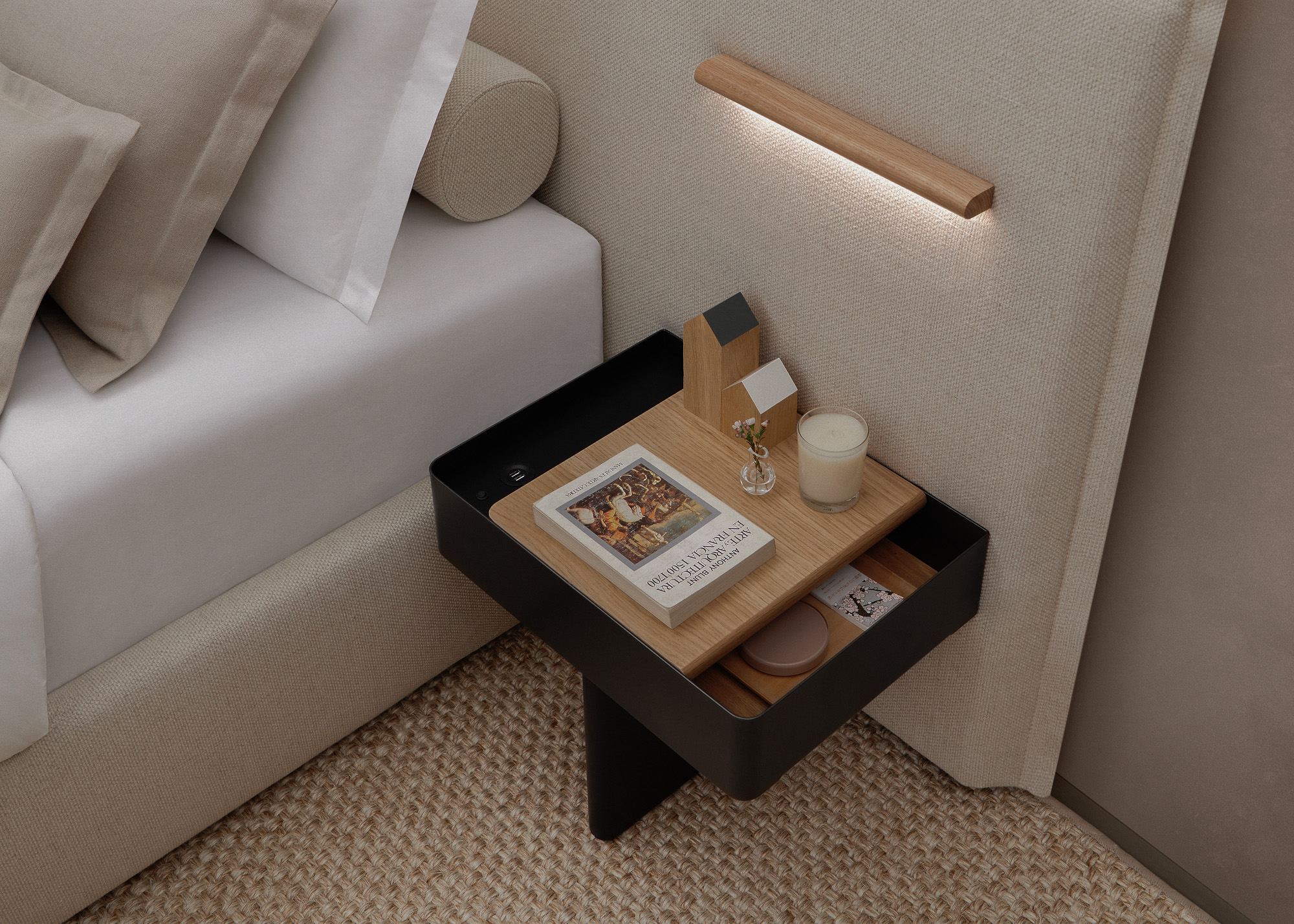 Silence Bed with integrated nightstand and lamp by Mario Ruiz for Joquer
