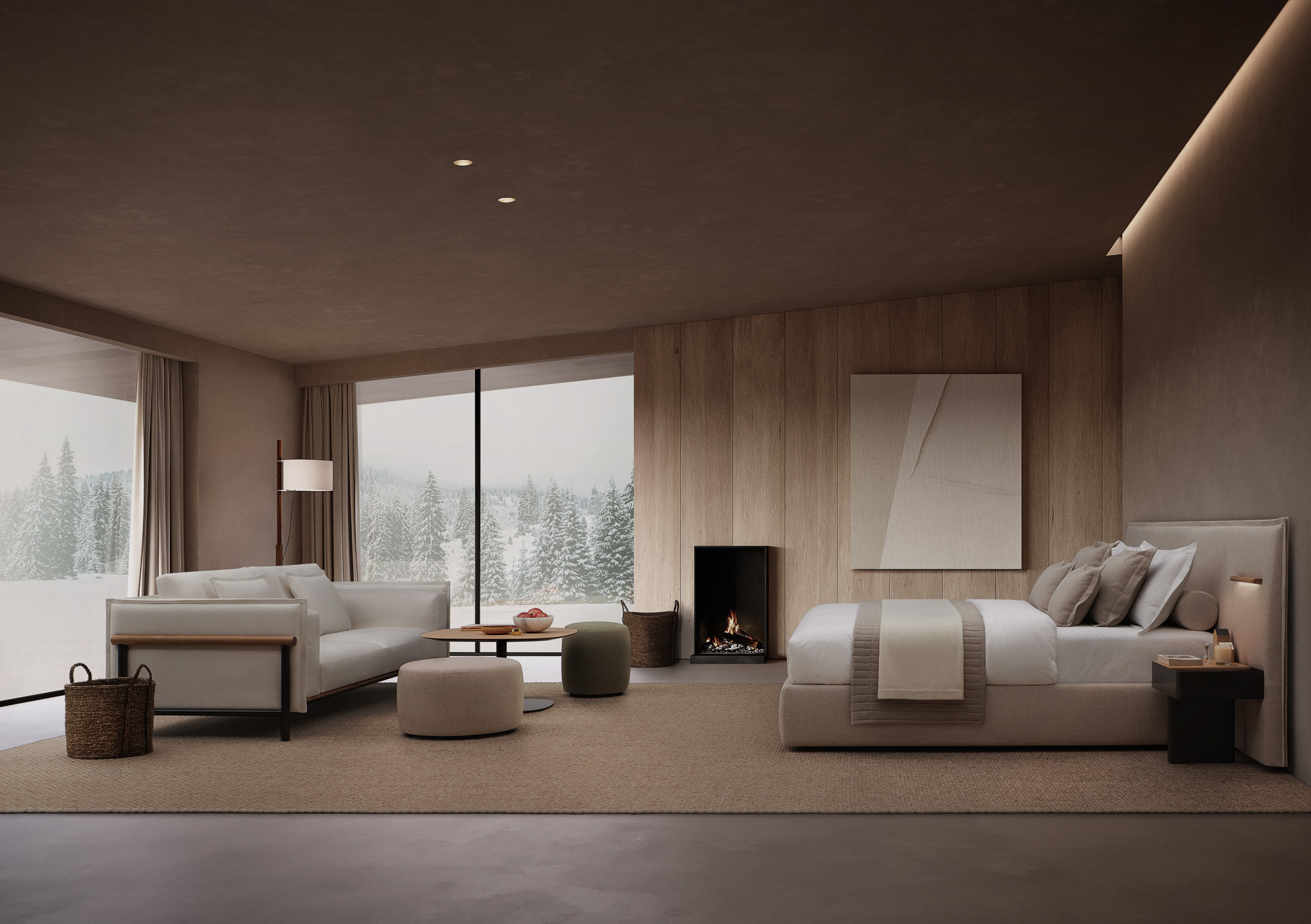 Silence bed with integrated nightstands and light, Silence sofa and Depart poufs by Mario Ruiz for Joquer