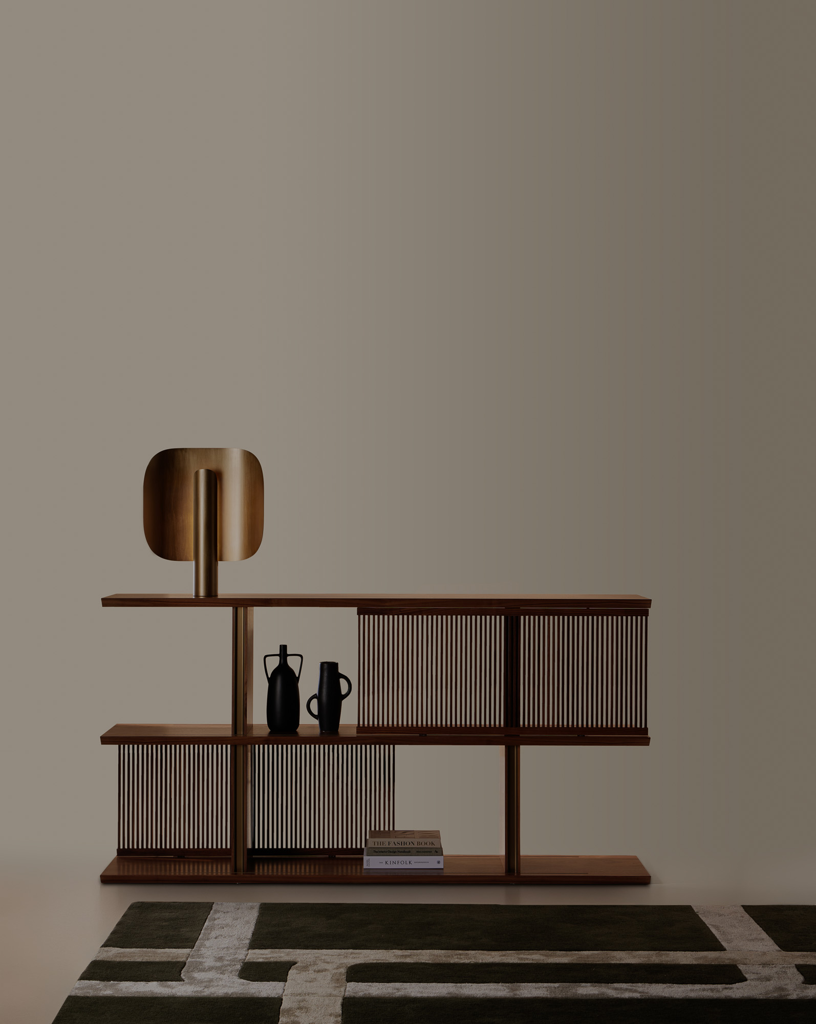 Stockholm bookcase, table lamp and rug, designed by Mario Ruiz for Punt
