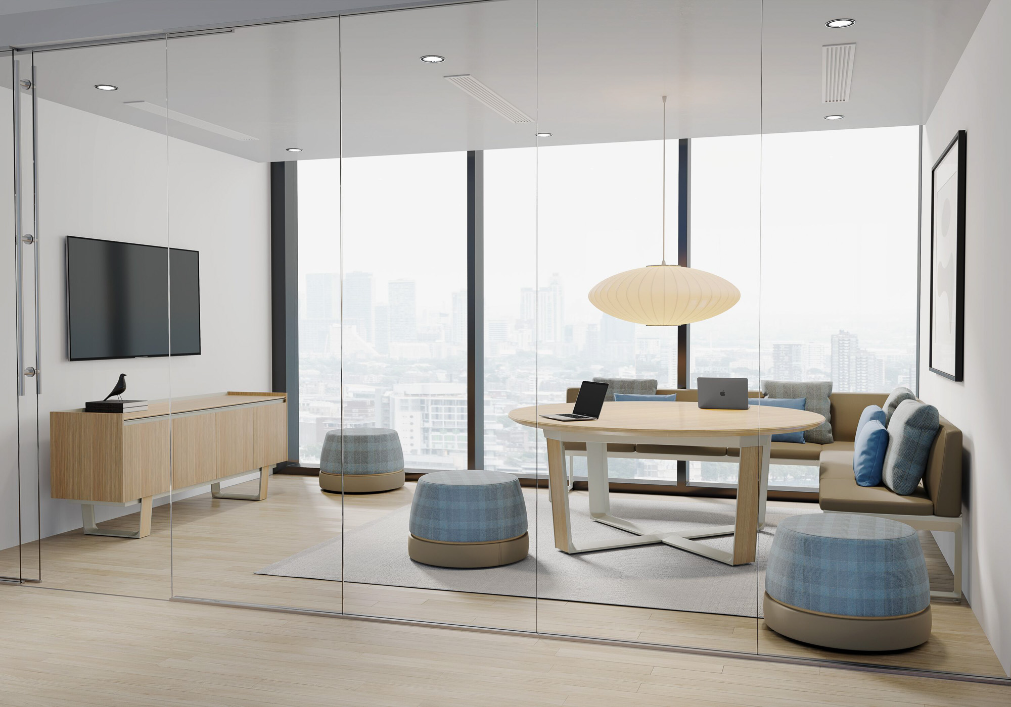 C+D Conference table and sideboard, and Clique bench by Mario Ruiz for Teknion